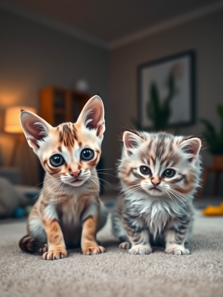 A highly realistic 4K image featuring two miniature cats from different breeds: a Singapura and a Munchkin. The Singapura cat is small, with a sleek, light beige coat and large, expressive eyes. Beside it, the Munchkin cat has short legs and a fluffy coat, with a mix of light grey and white fur. Both cats are sitting on a soft, cozy surface, with a warm and inviting room in the background, featuring subtle lighting, a few cat toys, and a modern interior design. The texture of their fur and fine details like whiskers are captured with incredible realism.