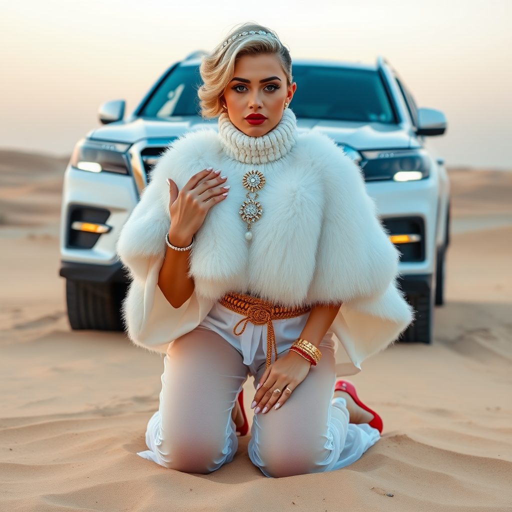 Kuwait desert dunes misty dawn, full size luxury SUV: Melissa, European 17 years old very convincing femboy “trophy-bimbo”, tamed servile docile, very beautiful feminine flawless face, rather short, by hormones very curvaceous womanly figured, platinum blond short tight curls, bold red lips, long white French nails, heavily made-up face, wearing Supertanya-style fluffy very fuzzy bright white angora turtleneck-poncho cropped ending under bust decorated with pearls and glass stones, striking oriental wide gold bridal protection belt, white fully transparent harem pants, bright red pumps with golden very high heels, full Oriental bridal jewelry including headpiece, nose-ring, coin wristlets, coin anklets, striking diamond “Bimbo” letter brooch on left chest, thick heavy pearl wristlets, pearl anklets, pout frustrated, kneeling in sand in front of SUV, looking at camera. Focus on face and turtleneck-poncho.