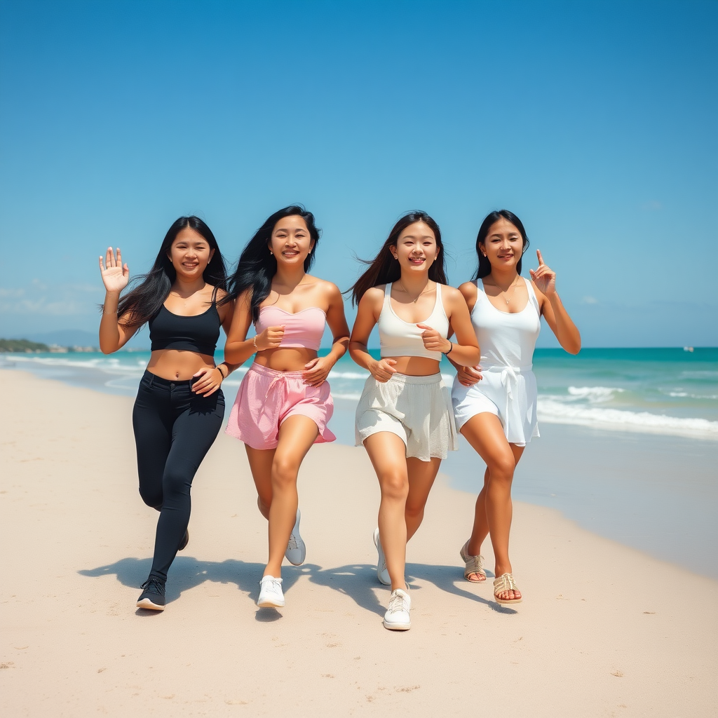 four asian girls with gorgeous face, wearing shoes, run, white skin, tall, straight hair, selfie, beach