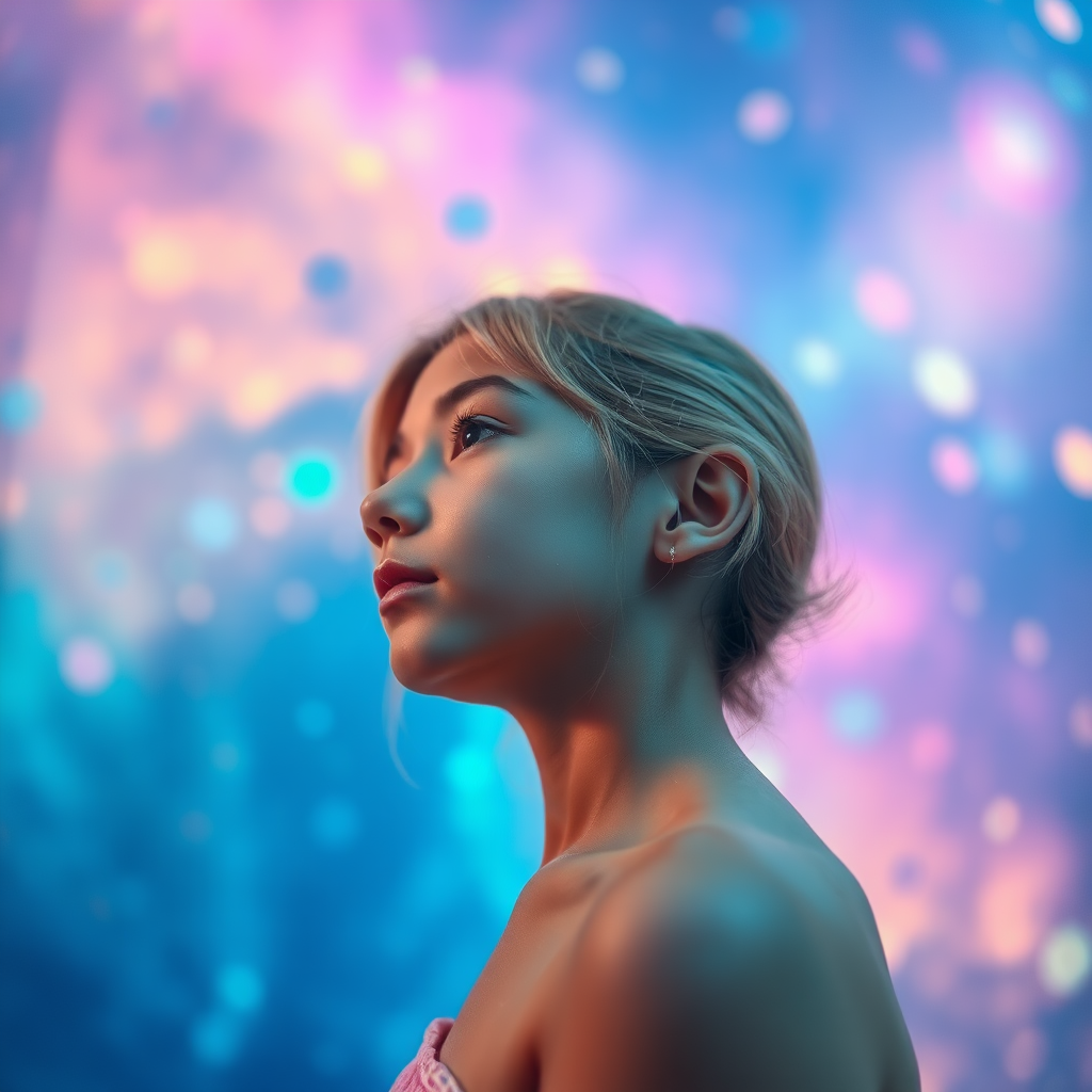 preteen girl in profile, dreamscape, nebula, Bokeh, abstract, brilliant colors, glittering, translucent, mother of pearl, opal, iridescent, natural skin, glowing, artistic photo, wide angle, cute, interesting, microscopy, underwater, airy