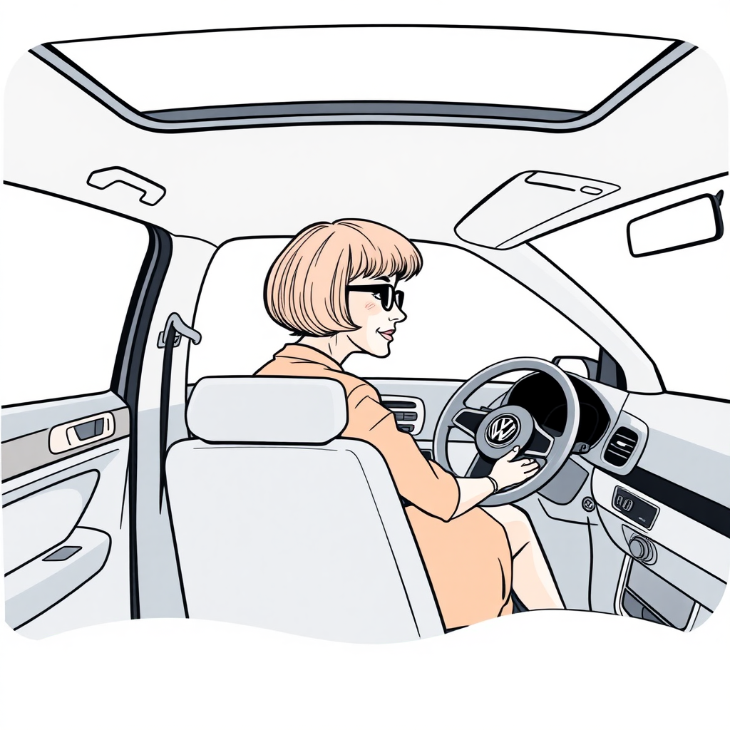 inside view of a VW Polo V, from the front passenger seat point of view, looking at the driver seat from the side, short bowl haircut 50 year old woman driving, skirt, glasses, she is looking at the camera over her shoulder, long establishing shot, 2D, caricature, cartoon, Sketch lines, coloring book, coloring book style on white background, well composed, clean coloring book page, No dither, no gradient, strong outline, No fill, No solids, vector illustration, side view, vector illustration, movement lines, from above