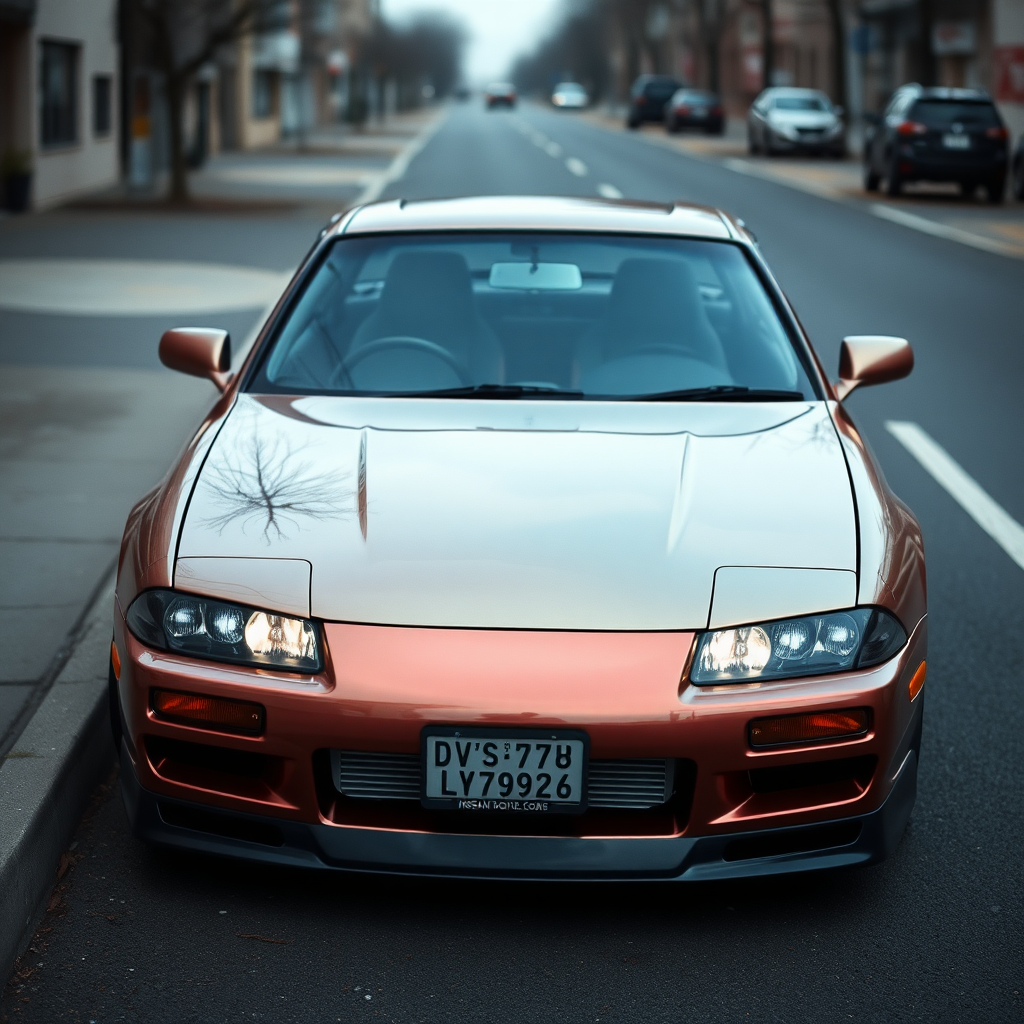 metallic shine nissan silvia s14 the car is parked on the side of the road, inspired by Taiyō Matsumoto, tumblr, restomod, nd4, c4 cold colors