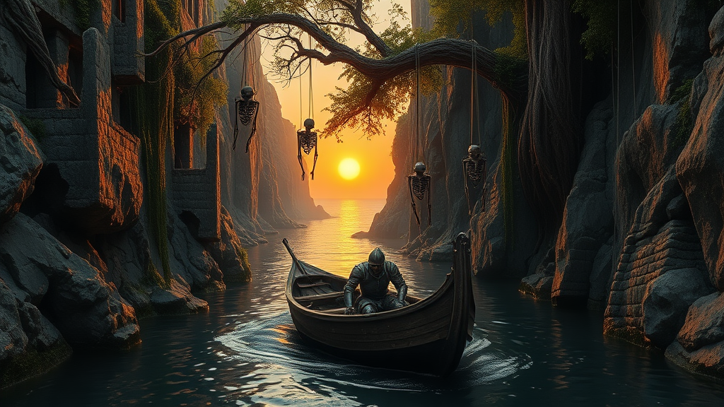 A cinematic panorama of a lone, wounded knight, slumped against the prow of a small wooden boat, his armor battered and stained with blood. The boat navigates a narrow river, its waters reflecting the fiery hues of a setting sun. Towering cliffs rise on either side, their rugged surfaces adorned with crumbling ruins of ancient structures. Thick vines, gnarled roots, and lush foliage cascade down the rock walls, bridging the chasm with their tangled embrace. Skeletons, clad in decaying armor, hang suspended from branches, their skeletal forms swaying gently in the breeze. As the river winds its way towards the distant ocean, the cliffs gradually open, revealing a glimpse of a vast, sun-drenched expanse of water stretching towards the horizon.