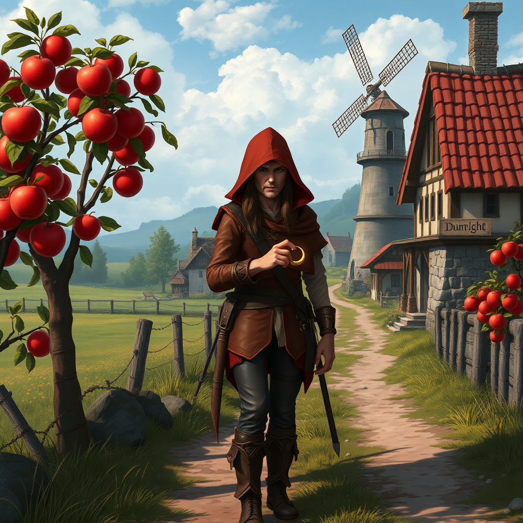 A wide distance shot of a pretty female adventurer in subtle red leather clothing with a hood, standing next to a thin, short, frail clean-shaven old farmer wearing rags and who looks ill. She is holding a gold ring towards him but he waves it away. Apple trees surround a pastoral fantasy house near a road to "Dunright". A fantasy village and mage tower with windmill in the distance. elmore art style