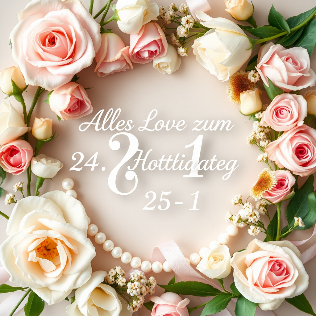 Create a soft, elegant image for a 24th wedding anniversary with a subtle 25-1 motif, blending celebration and love. Include delicate flowers, such as roses or lilies, arranged around a message that reads: "Alles Liebe zum 24. Hochzeitstag". Incorporate soft pastel colors, like pinks, creams, and whites. You may also include romantic elements such as pearl necklaces, ribbons, or subtle gold accents to add warmth. The number 25-1 should be tastefully integrated into the design, perhaps as part of a decorative ribbon or in a floral arrangement, ensuring it feels part of the celebration theme. The overall vibe should be warm, romantic, and joyous.