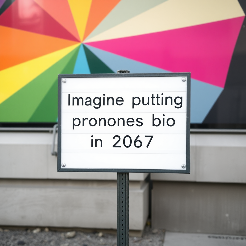 a sign saying "Imagine putting pronouns in bio in 2067."