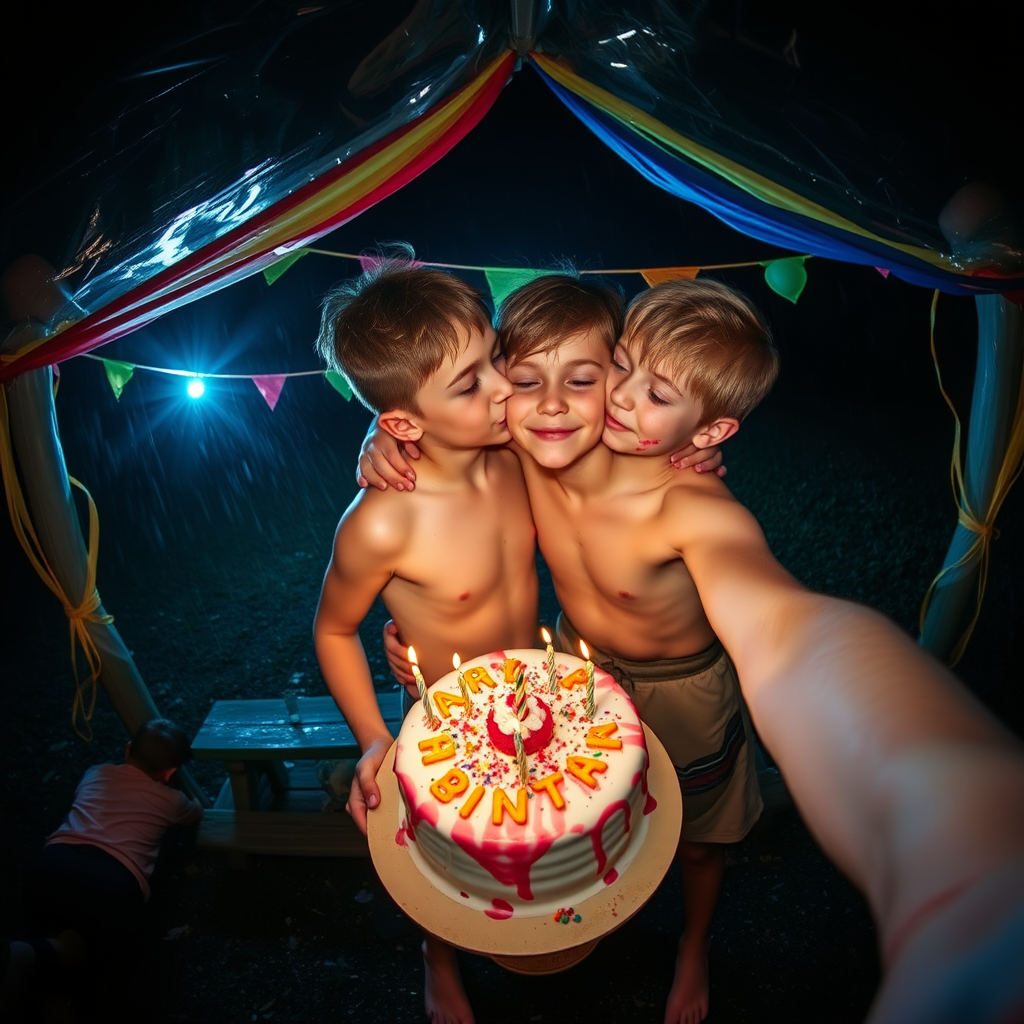 rainbow birthday party!, aerial selfie, selfie stick, night vision, friendly barefoot tween boy shirtless with adorable hair and freckles kissing his brother, they are sticky with smashed birthday cake and icing like runny white mucous, shirtless and in tiny little fitted trunks, alone celebrating in a dark rainy picnic shelter at midnight, winking at the camera, rainbow decorations