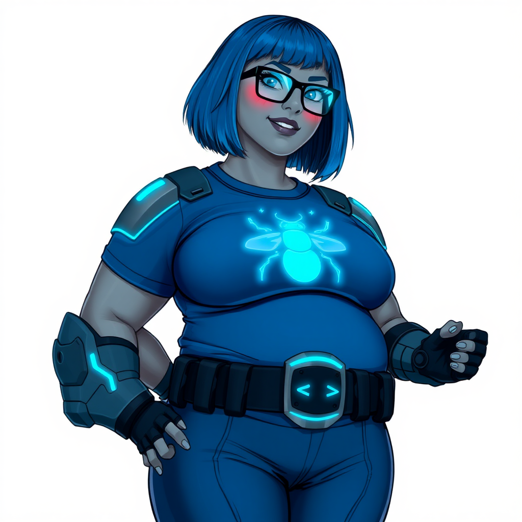 A 28-year-old, full-figured, metallic middle gray skinned, computer program hybrid with a maximum blue bob cut. She has a non-athletic, full-figured build, highlighted by a prominent, round, large midsection (with full emphasis on her large belly). As the full-figured, nerdy, digital sidekick to her cyberpunk vigilante boyfriend, her metallic middle gray skin and maximum blue lipstick emphasize her digital nature. She wears a digital, computerized costume inspired by DC’s Carrie Kelly Robin, consisting of a huge, tight-fitting, maximum blue t-shirt with a neon blue glowing chest icon of a beetle, hi-tech shoulder pads with neon blue accents, a black hi-tech belt with a digital neon blue glowing buckle, digital maximum blue pants with neon blue accents, and black hi-tech fingerless biker gloves with neon blue glowing accents. Her bright blue eyes, black eyeglasses with glowing neon blue lenses with a built-in HUD, and shy smile with neon red blush accentuate her nerdiness. She stands bashfully with one hand behind her back and the other hand gently touching her cheek, her costume covering all her skin and emphasizing her full-figured physique (especially her belly). She is clearly non-athletic, with a heavy focus on her large belly. Despite her build, she radiates beauty. She has a slim face compared to her physique, accentuating her radiant beauty. She is on a solid white background. She is drawn as if she were in a retro 2D cyberpunk fighting game.