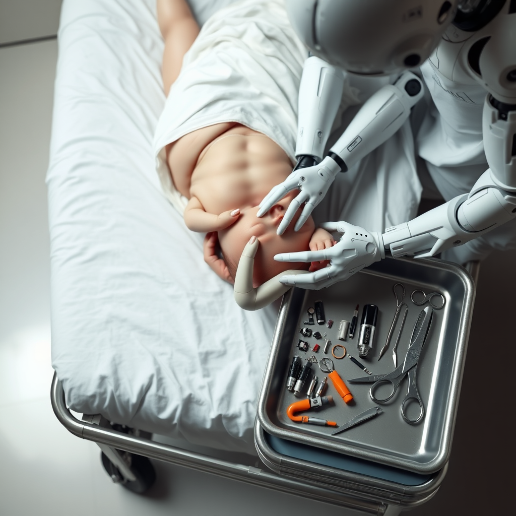 A photograph of a female cyborg giving birth to a baby. She is lying on her back and her legs are parted wide, while a cyborg midwife is gently pulling the baby out of her. Next to them is a metal tray on a trolley. Inside the tray are small cybernetic implants, chips, a small robot arm, a scalpel and a surgical saw.