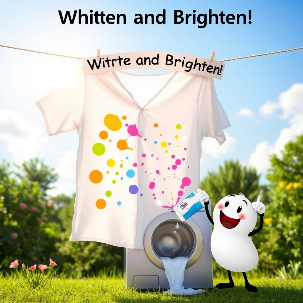 An imaginative scene showing a bright white shirt hanging on a line in the sun, with colorful stains magically fading away, and a cheerful character pouring bleach into a washing machine, with a banner overhead that reads, "Whiten and Brighten!"