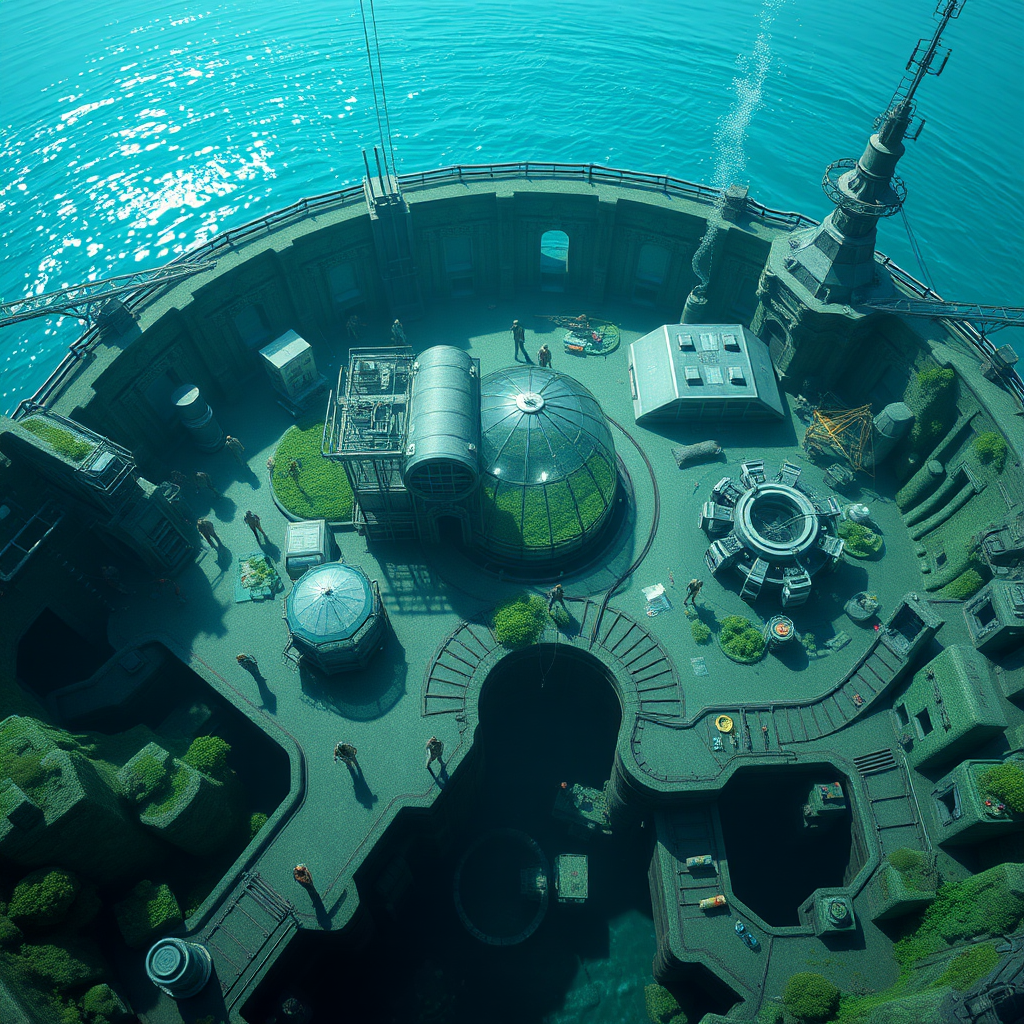 A look on a underwater base, city in a game, top view, modern 3d graphics. Inhabitants walking around, fixing the leaks, working in greenhouses.