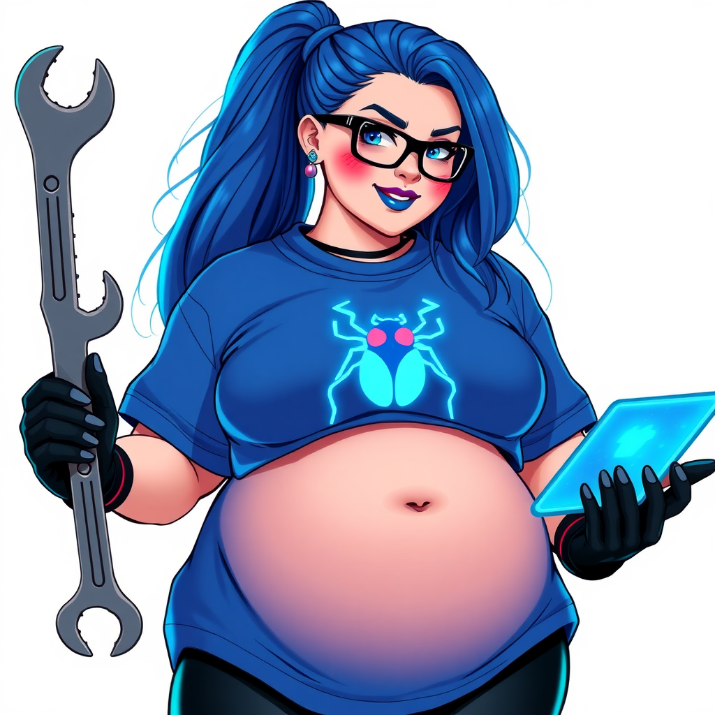 A 28-year-old, full-figured tech genius, she is the devoted girlfriend and sidekick of a cyberpunk vigilante. Her long, maximum blue ponytail and glowing sapphire eyes are striking features. Her prominent, round midsection, gigantic limbs, and broad shoulders define her full figure. As the loyal and supportive sidekick, she plays a crucial role in their missions, using her digital and technological prowess to assist and protect.

She wears an oversized maximum blue t-shirt with a glowing neon blue beetle chest icon, maximum blue lipstick, and black high-tech gloves. Her neon red blush and lovestruck smile are ever-present as she holds a futuristic wrench and a digital holographic tablet. Her full figure (especially her round midsection) shows how pampered she is by her doting boyfriend. She dutifully works in his hideout workshop and supercomputer. Her nerdiness is unmistakable, accentuated by her black oversized eyeglasses. She is on a solid white background. She serves as her boyfriend’s indispensable tech expert. She is drawn as if she was in a retro 2D cyberpunk fighting game. Make sure her oversized t-shirt covers her midsection.