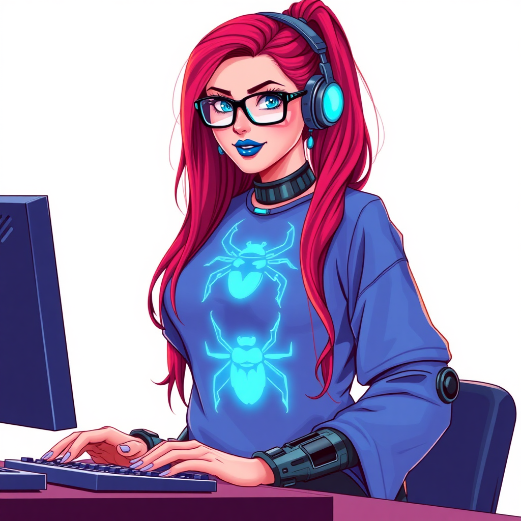 A cyberpunk vigilante’s full-figure intelligent and tech-savvy 28-year-old girlfriend, who is a computer hacker and tech genius. She has a long ruby red ponytail. She wears maximum blue lipstick, blue eyes, a sapphire beetle gemstone necklace, sapphire earrings, black eyeglasses, hi-tech metal arm armor, and an oversized maximum blue t-shirt featuring a neon blue glowing beetle chest icon accentuating her prominent, round, gargantuan midsection. She sports a sapphire headset with a hi-tech maximum turquoise lensed HUD, and a shy smile with a neon red blush. She serves as his tech expert from his hideout, diligently working at her lab table and computer desk. The background is solid white. She is drawn as if she was in a retro 2D cyberpunk fighting game.