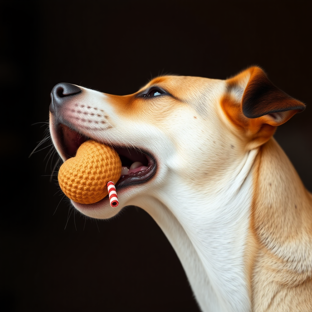 A dog biting a toy, close-up shot, side view of the head, stretching its neck, looking up.