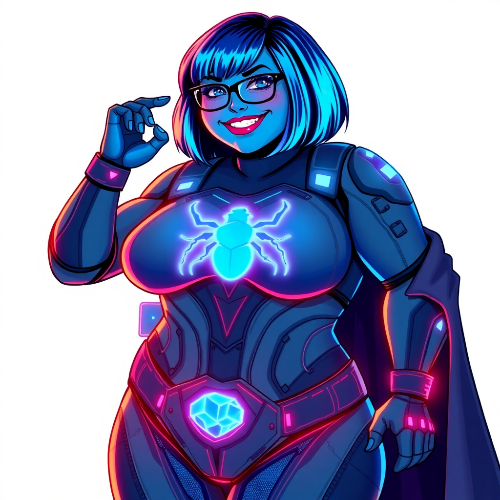 A 28-year-old full-figured computer science major, now transformed into a full-figured, nerdy digital sidekick for her cyberpunk vigilante boyfriend, with maximum blue skin. Her bob cut seamlessly blends with her skin, appearing to merge together as computer data, and her neon blue eyes glow intensely. Her full figure is defined by a prominently round gargantuan midsection, sequoia-sized limbs, and broad shoulders. As a loyal and supportive sidekick, she plays a crucial role in their missions, using her digital skills to assist and protect.

She wears a digital, computerized bodysuit which blends with her hair and skin (appearing to merge together like computer data), all are colored maximum blue. The bodysuit has a glowing neon blue beetle chest icon, along with matching high-tech gloves. She bashfully giggles with a neon red blush, emitting neon blue data cubes from her body, set against a solid white background. Heavily pampered by her doting boyfriend, her full figure (especially her prominently round gargantuan midsection) clearly shows this care. She has the ability to hack into computers and machines, and her nerdiness is blatantly obvious with her black oversized eyeglasses. Her full figure (especially her prominently round gargantuan midsection) is prominently displayed and heavily emphasized. Her outfit is influenced by DC’s Jennifer Knight Phantom Lady but remains distinct. She is drawn as if she was in a retro 2D cyberpunk fighting game. Ensure her skin color is distinct from Inside Out's Sadness and any other character. Ensure her midsection is round and her proportions are bloated to emphasize her figure.