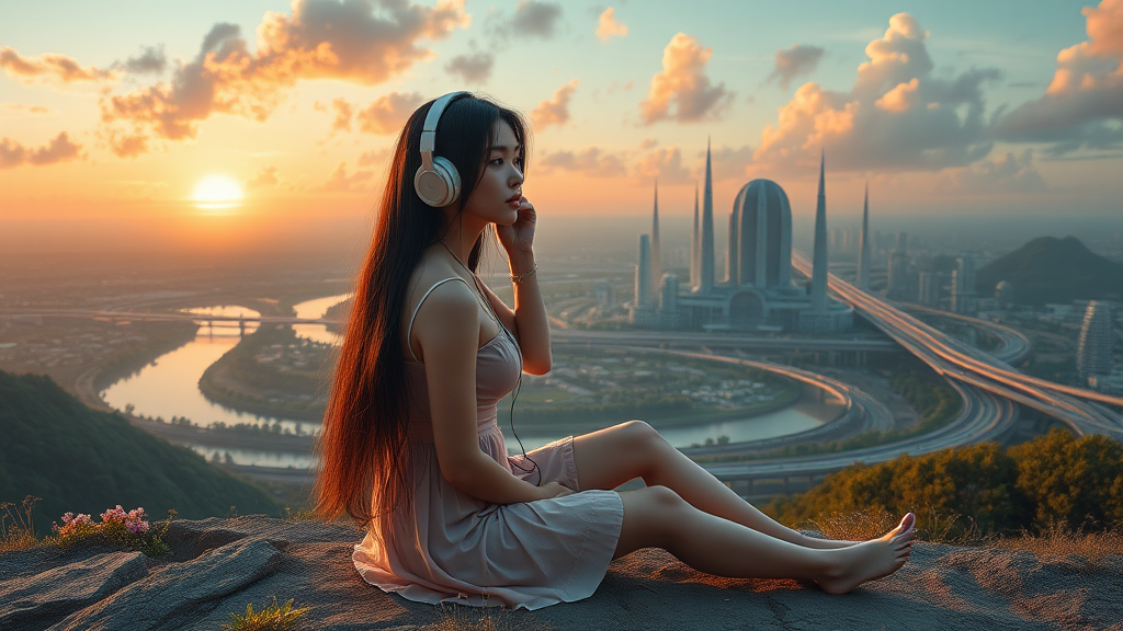 pretty Asian woman with long hair in a pretty short dress, sitting on the ground with headphones, on an alien planet with an alien city in the background, nice greenery, flowers, rivers, and nice sunrise clouds, highways and streets, ultra realistic view and ultra high cinematic detail