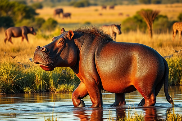 Create a photorealistic image of a lion showcasing the musculature and silhouette of a hippo, while preserving its original head and facial features. The body should retain the skin texture of the lion, blending elements of both animals. The background should be inspired by the habitats of lions and hippos, featuring savanna grasses and muddy water. Incorporate African flora and fauna to enrich the scene, ensuring a harmonious integration of both animal environments. The lighting should evoke a late afternoon glow, enhancing the vivid colors and details in the composition.