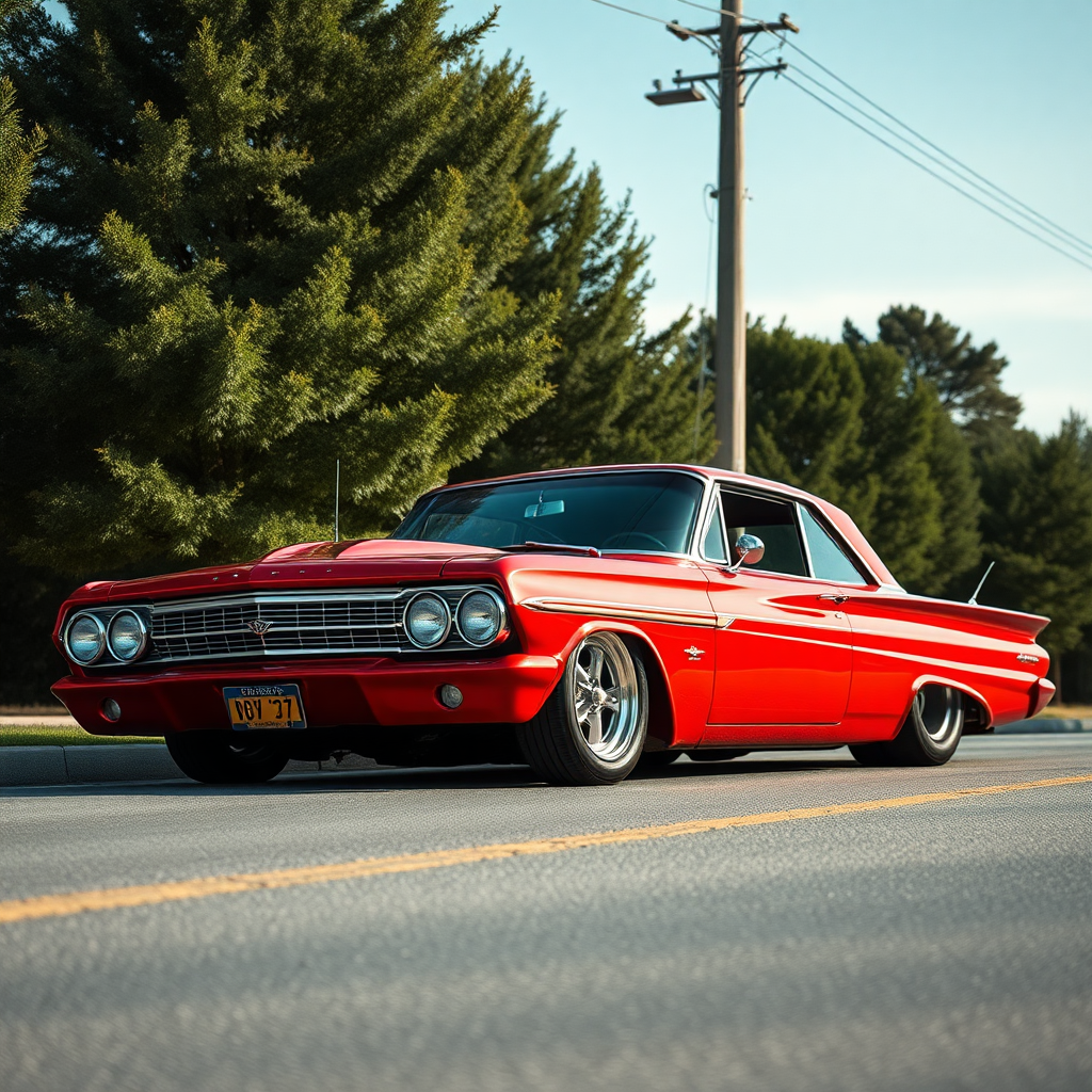 the drag car is parked on the side of the road, inspired by Taiyō Matsumoto, tumblr, restomod, nd4, c4 metallic shine candy red classic american low rider custom ford