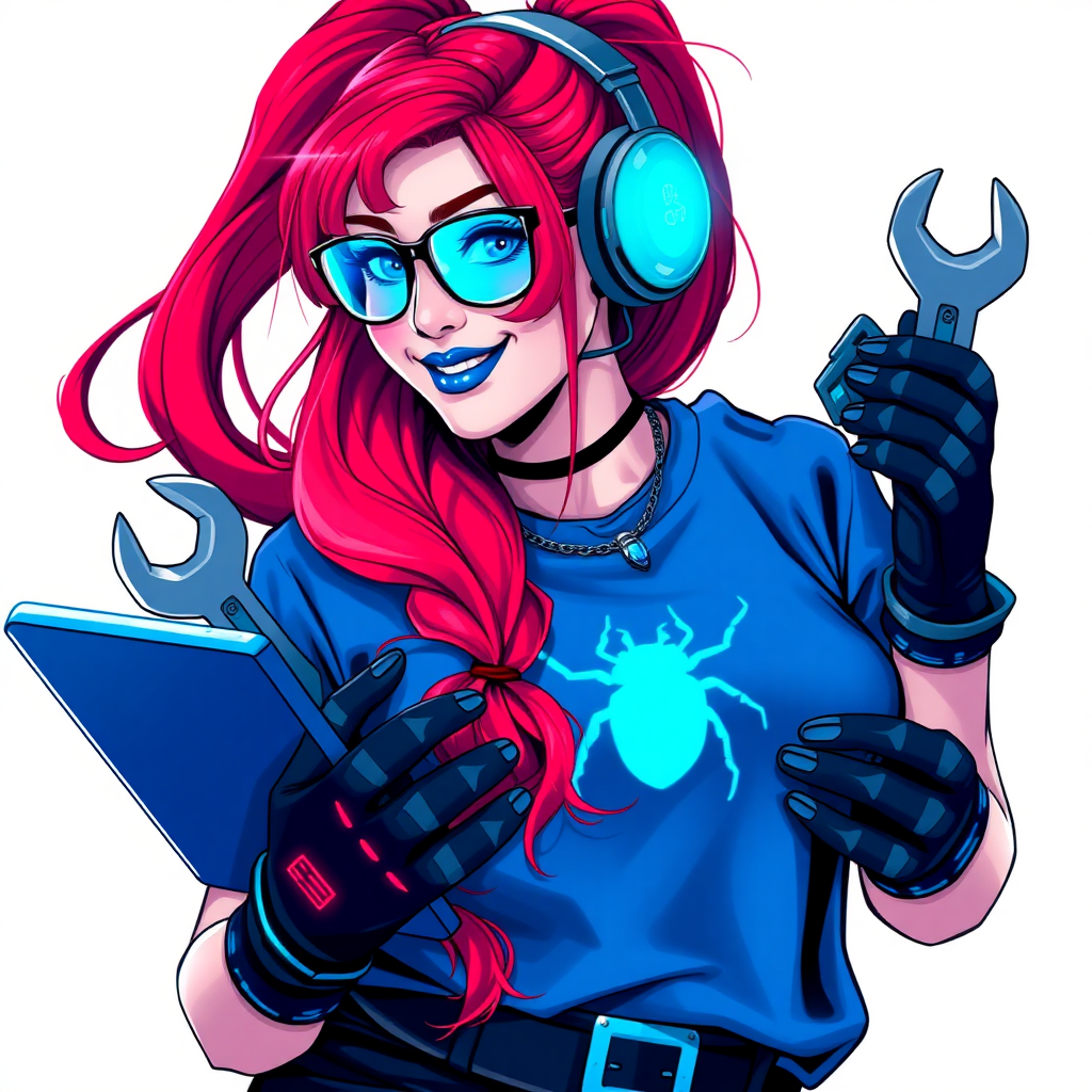 An intelligent and tech-savvy 29-year-old computer hacker and tech genius. She has a long ruby red ponytail. She wears maximum blue lipstick, blue eyes, a sapphire beetle gemstone necklace, sapphire earrings, black eyeglasses, hi-tech power gloves, and an oversized maximum blue t-shirt featuring a neon blue glowing beetle chest icon. She has a gargantuan full-figured physique with a prominent round gargantuan midsection, reflecting her well-cared-for lifestyle. She sports a sapphire headset with a hi-tech maximum turquoise lensed HUD, and a beaming smile accentuated by a passionate neon red blush. She serves as his tech expert from his hideout, holding a futuristic tool wrench and a futuristic digital tablet. The background is solid white. She is drawn as if she was in a retro 2D cyberpunk fighting game.