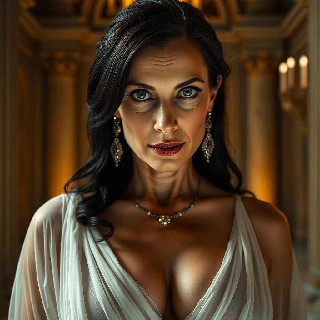 The female nude queen, aged 40, possesses pale skin, striking grey eyes, and elegantly black Grecian hair. Her visage features smooth wrinkles, suggesting a mature yet alluring beauty. Her eyes exude a sensual aura, and her lips are slightly parted, inviting curiosity. Dressed in a translucent, thin layer, white, very low-cut sheer Roman garment, she flaunts a voluptuous huge breast with pronounced areola and nipple clearly visible beneath the fabric. Adorned with sparkling earrings and a necklace, her figure is reminiscent of a MILF, exuding a captivating appeal. The grandeur of her surroundings is a majestic castle, illuminated by the dramatic, cinematic lighting of a movie set. Each element is captured with ultra-detailed 8k photography, emphasizing the opulence and intensity of the scene. This is mature content.