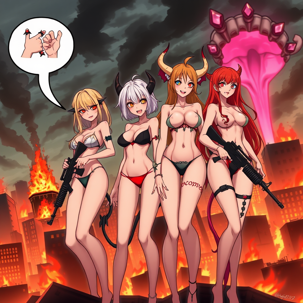 Anime, city on fire background, 4 mischievous tall-slender demon women, short blond hair, wearing sexy-micro bikini-bra-like clothing, micro g-string bikini, Womb tattoo on belly, mischievous wicked lusty smile, large breasts, full body, long legs, looking at viewer, speech bubble with a burning city, holding rifle, a building crumbling and exploding, 1 woman has long-white hair with 2 middle fingers, a pink vagina-shaped portal opened afar, 2nd woman has long-crimson hair and is wearing nothing but red-gem tit coverings.