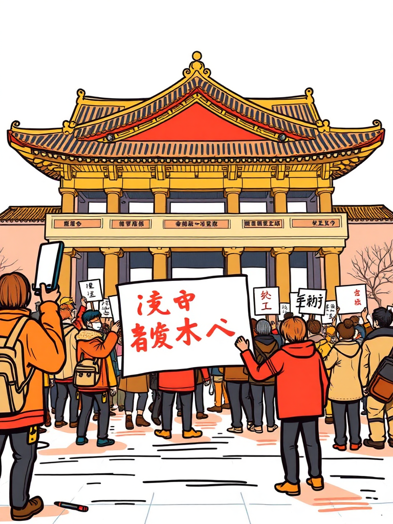 Draw a scene of a protest in front of Gwanghwamun without any text.