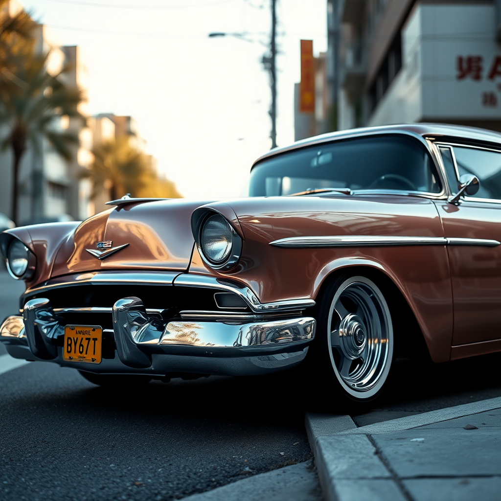 metallic shine classic car is parked on the side of the road, inspired by Taiyō Matsumoto, tumblr, restomod, nd4, c4 metallic shine classic american low rider car