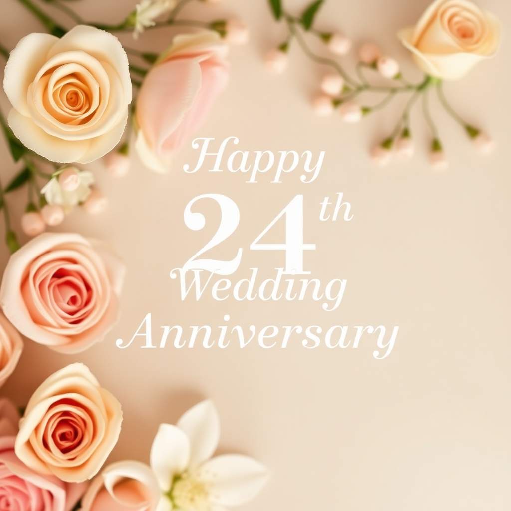 Create a soft, elegant wedding anniversary image, blending celebration and love. Include delicate flowers, such as roses or lilies, arranged around a message that reads: "Happy 24th Wedding Anniversary". The overall vibe should be warm, romantic, and joyous, capturing the essence of love and commitment over the years.