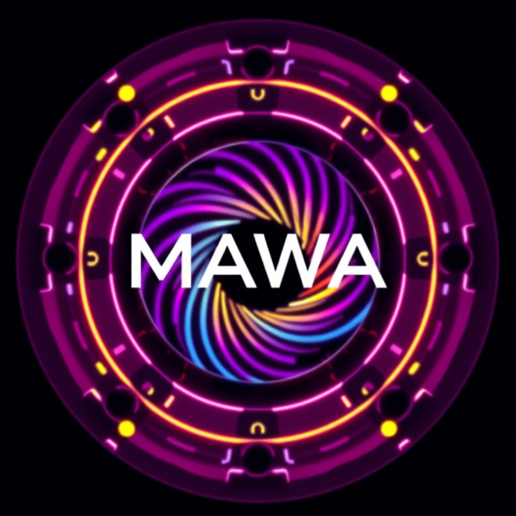 Modern Circle 4K Logo For AI Program Called "MAWA" Text Center Logo To Have Spiraling Mixing Color Pink, Purple, Blue, Yellow Futuristic AI, No Broken Lines, No Color Overlapping Onto Text