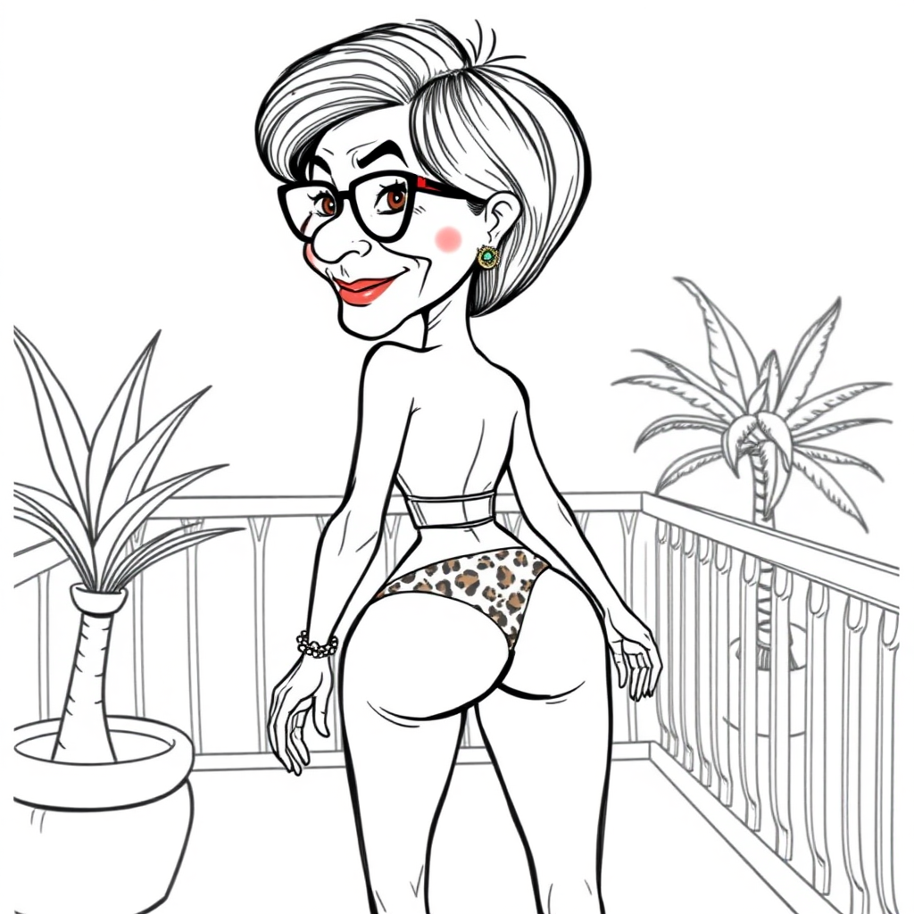 55 Years old, European, Latina, sharp aquiline nose, wrinkles, high cheekbones, Middle Eastern, Skinny, Tanned skin, Dark light skin, Rounded Medium breasts, Skinny thighs, round ass, full Makeup, jewelry, Serious face, Sharp nose, blushing, Ash hair, short bowl haircut, Brown eye color, Glasses, with detailed features. swaying hips, smiling, She is walking away, back side view, she is looking over her shoulder, she is wearing a leopard bikini, detailed fabric. full body, high heels sandals, suntanning on a balcony long establishing shot, 2D, caricature, cartoon, Sketch lines, coloring book, coloring book style on white background, well composed, clean coloring book page, No dither, no gradient, strong outline, No fill, No solids, vector illustration, movement lines. realistic proportions