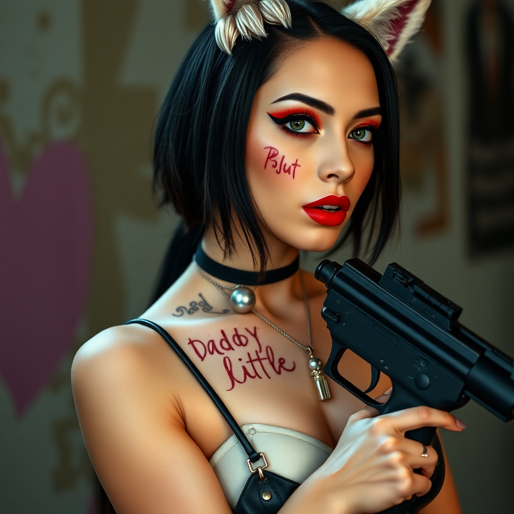 Full body shot, Real life photo of a cyberpunk prostitute, she has “daddy’s little slut” written on her skin with lipstick. She is holding a big gun, she has fox ears, tiny metal nipple tassels.