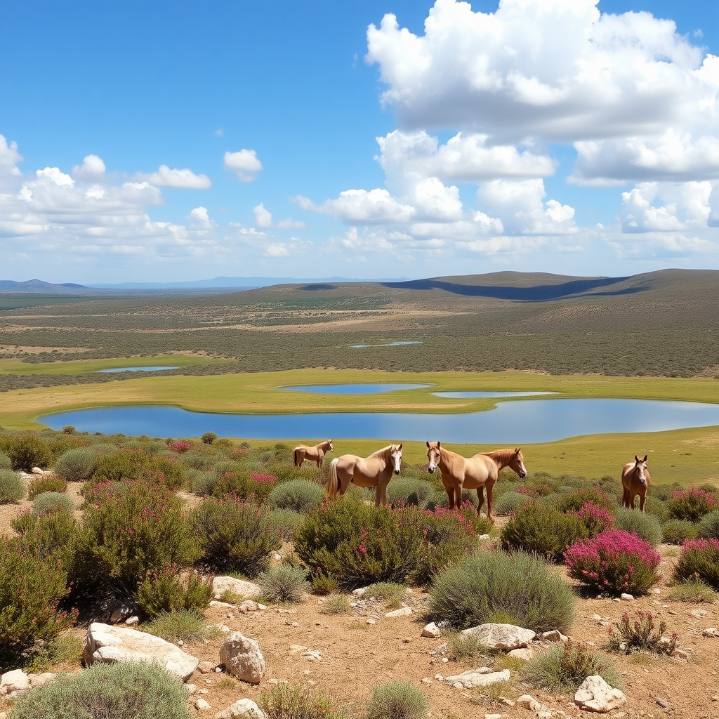 Long plateau with its little horses and Mediterranean vegetation with rockrose, myrtle, oaks, junipers, with small lakes under a blue sky and white clouds.