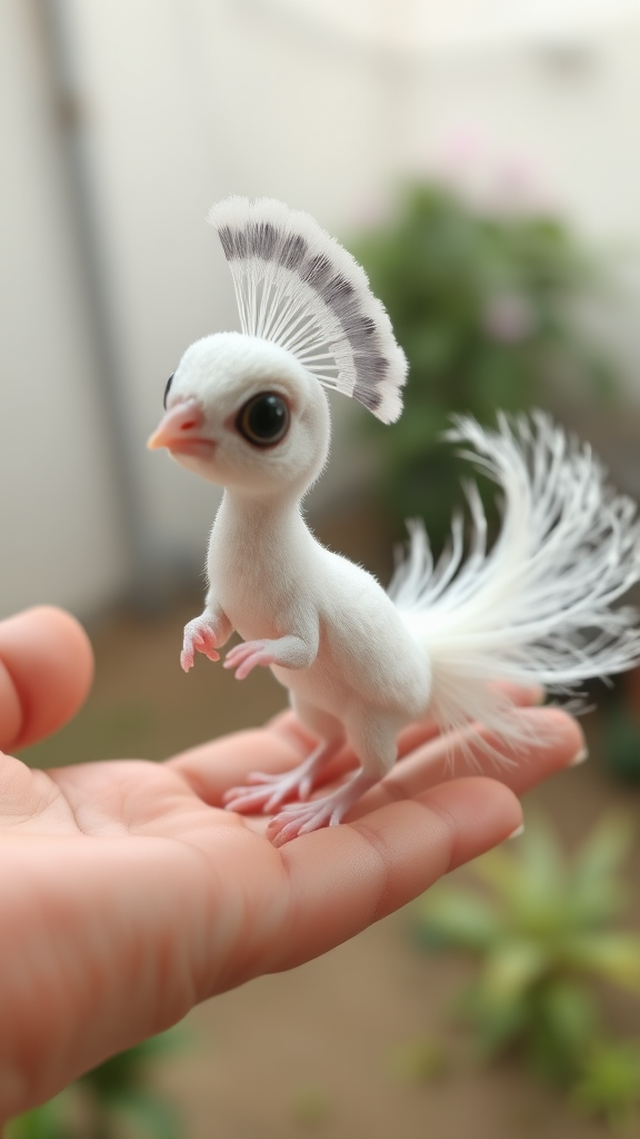 A small tiny cute chubby big eyes big perfect tail real white dancing peacock with tail on hand