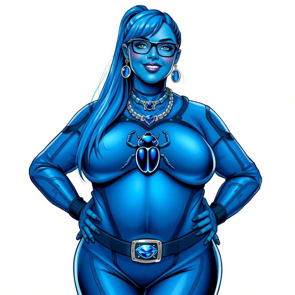 A cyberpunk vigilante’s 28-year-old nerdy full-figured 5PB (Maximum Blue) skinned computer program hybrid digital sidekick and loyal girlfriend. She has a long 5PB (Maximum Blue) ponytail and 5PB (Maximum Blue) metallic skin that blends with her outfit appearing to merge together into computer data. She wears maximum blue lipstick, blue eyes, a sapphire beetle gemstone necklace, sapphire earrings, black eyeglasses, and an oversized digital, computerized, 5PB (Maximum Blue) bodysuit featuring a blue sapphire scarab beetle gemstone on its chest accentuating her prominently, round, gargantuan midsection. She sports a beaming smile with a neon red blush. She serves as his minicomputer operating in his hi-tech wristwatch and supercar's onboard computer using her ability to hack into machines and computer to relay vital mission information. The background is solid white. She is drawn as if she was in a retro 2D cyberpunk fighting game. Her midsection is heavily bloated to fully emphasize her full figure. Ensure her gargantuan midsection is round.