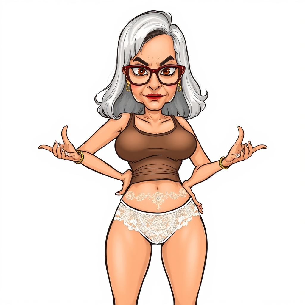 a towering 55 Years old, fit, slim, European, Latina, sharp aquiline nose, wrinkles, high cheekbones, Middle Eastern, Skinny, Tanned skin, Dark light skin, Rounded Medium breasts, Skinny thighs, full Makeup, jewelry, Serious face, Sharp nose, Ash hair, short bowl haircut, Brown eye color, Glasses, with detailed features. Hands on hips, she is wearing a transparent brown tight tank top and tight white lace thong, detailed fabric. full body, high heels sandals, she is gesturing at the viewer, long establishing shot, 2D, caricature, cartoon, Sketch lines, coloring book, nlack and white, coloring book style on white background, well composed, clean coloring book page, No dither, no gradient, strong outline, No fill, No solids, vector illustration, realistic proportions