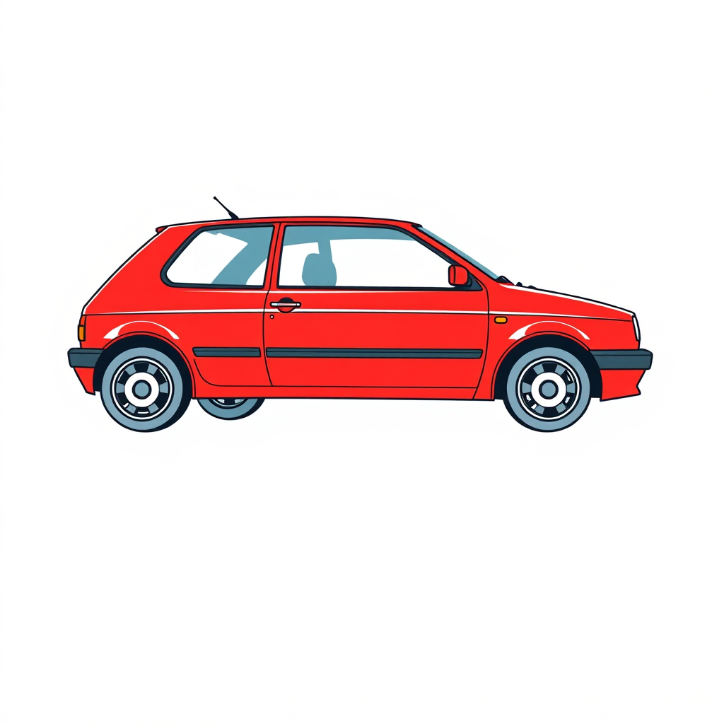 red vw polo III car, long establishing shot, 2D, caricature, cartoon, Sketch lines, coloring book, coloring book style on white background, well composed, clean coloring book page, No dither, no gradient, strong outline, No fill, No solids, vector illustration, realistic proportions, blueprint, left side view