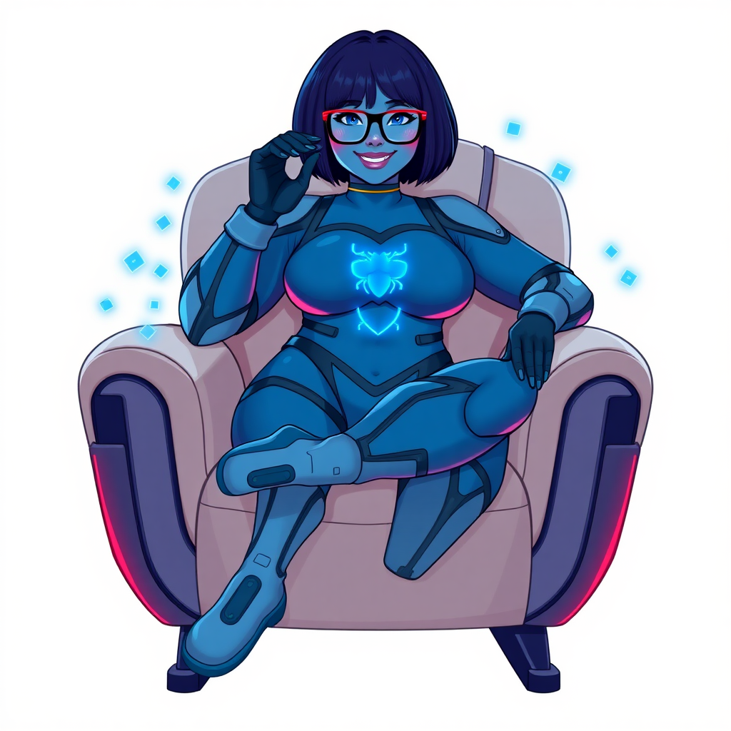 A heavily, extremely, and intensely pampered nerdy full-figured middle blue skinned digital sidekick, a 28-year-old computer major, has been transformed by her doting vigilante boyfriend. Her middle blue skin and bob cut seamlessly integrate with her data, and her neon blue eyes glow with intelligence. Her physique, now showcasing a gargantuan round midsection, massive limbs, and broad shoulders, contrasted by a slim face, clearly reflects her indulgence and pampering. Her full figure is prominently highlighted, with her gargantuan, rounded midsection and massive limbs emphasizing her pampered status. As the loyal and supportive sidekick, she plays a crucial role in their missions, using her digital prowess to assist and protect.

She wears a digital, computerized maximum blue bodysuit, featuring a glowing neon blue beetle chest icon and matching high-tech gloves. She bashfully giggles with a neon red blush, emitting neon blue data cubes from her body. Her full figure, now even more plump and heavily emphasized by her nerdy appearance, clearly shows how pampered she is. Her nerdiness is accentuated by her black oversized eyeglasses.

Her outfit, influenced by DC’s Jennifer Knight Phantom Lady, remains distinct. Adding to her pampering, she serves as his minicomputer, traveling in his high-tech wristwatch and supercar’s computer system. Using her ability to hack into computers and machines, she relays crucial knowledge relating to his missions.

In her new pose, she sits comfortably on a plush, high-tech chair with one leg crossed over the other, her oversized glasses slightly askew as she adjusts them with a bashful smile. Her relaxed posture and content expression, combined with the glowing data cubes around her, clearly reflect her status as a heavily pampered, nerdy digital sidekick. Her gargantuan, rounded midsection and massive limbs are prominently displayed, emphasizing her indulgence and pampering while maintaining her nerdy physique. She is on a solid white background. She is drawn as if she was in a retro 2D cyberpunk fighting game.