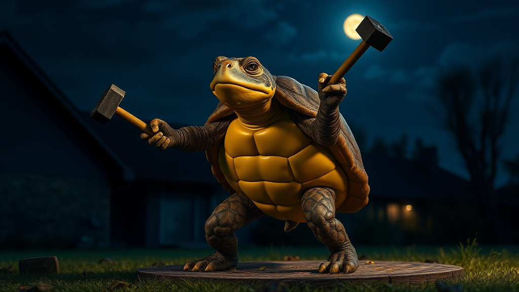 Exterior. Night. Moonlit. An anthropomorphic turtle stands on its hind legs throwing small hammers.