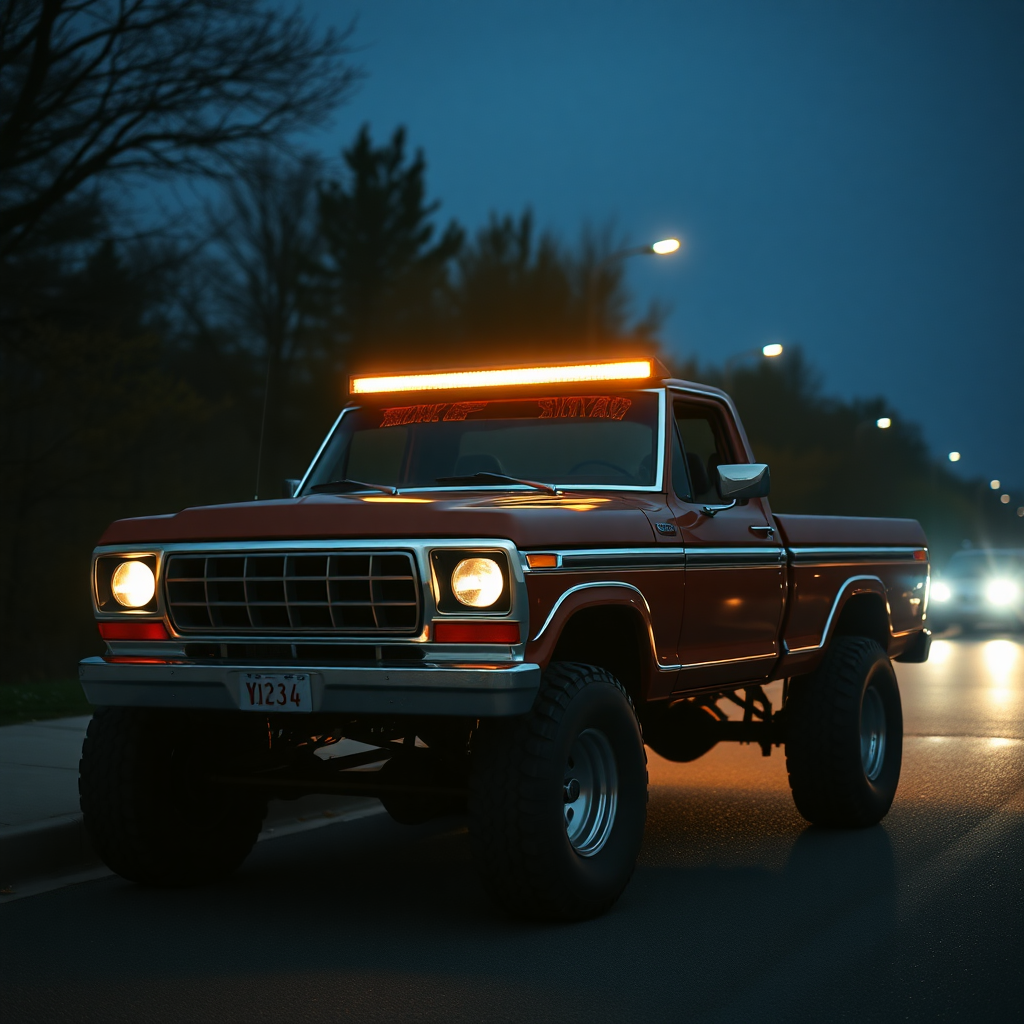 the car is parked on the side of the road, inspired by Taiyō Matsumoto, tumblr, restomod, nd4, c4 ford 4x4 pick-up monster truck light bar