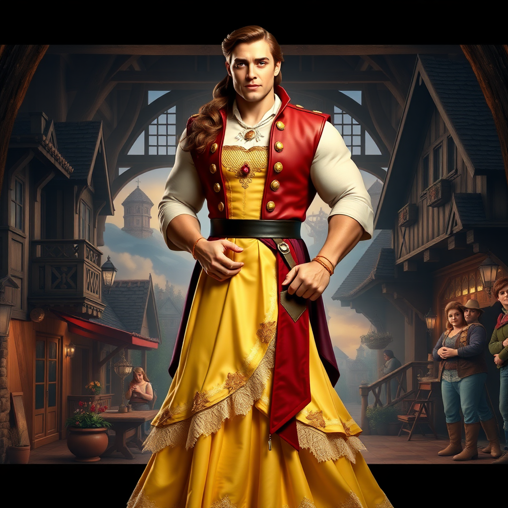 Create a hyperrealistic full-length image of a hybrid character, Belle using the male figure of Gaston for the body. The character should have Belle's distinct facial features and elegant dress combined with Gaston's muscular physique and stance, integrating details from both characters’ attires. Set the scene in an elaborate background combining elements of a charming provincial town and a rustic hunting lodge, capturing the essence and atmosphere of both Belle and Gaston's worlds. Render details meticulously to achieve a seamless blend.