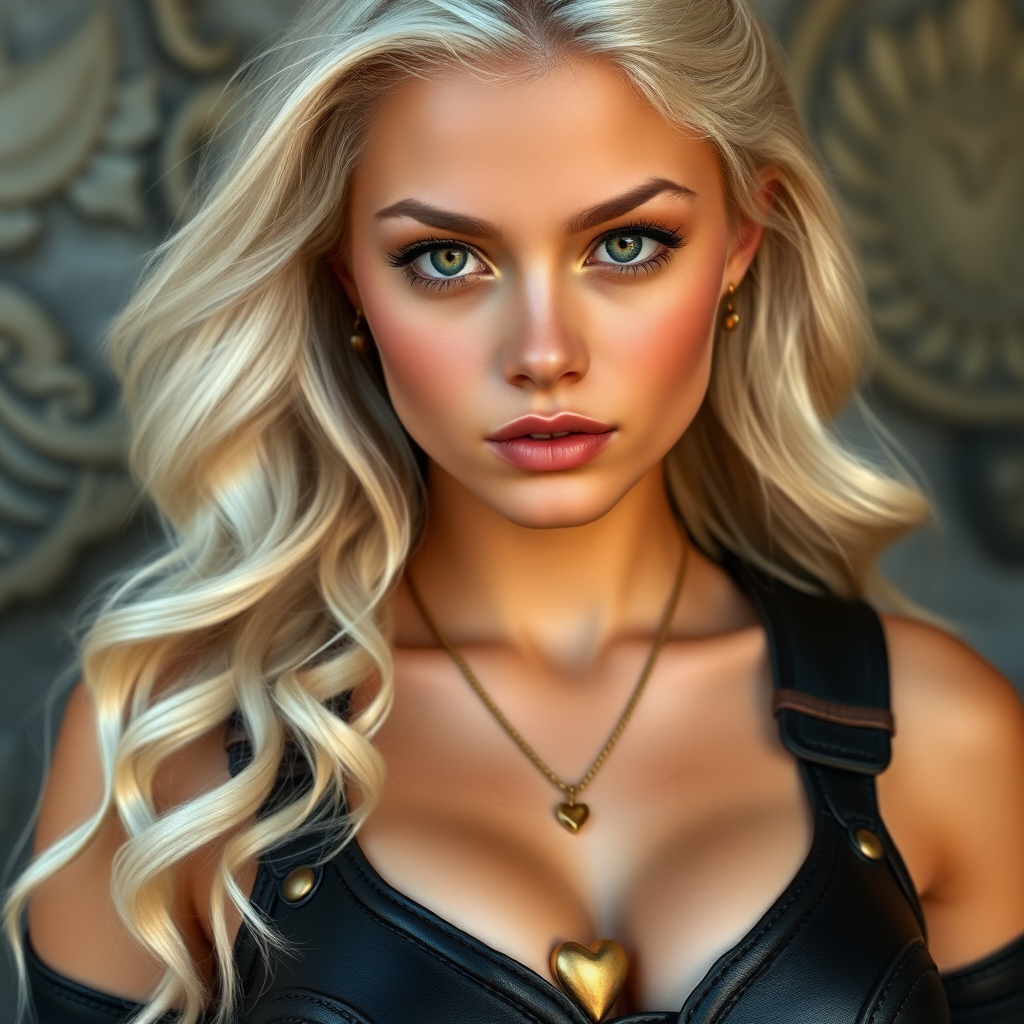 Portrait of a beautiful young woman with long wavy platinum blonde hair, green eyes, a suntan, light brown eyebrows, and large breasts. She is wearing black leather armor and a gold necklace with a small heart pendant.