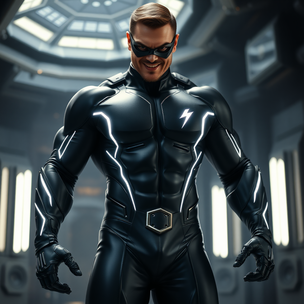 Cinematic shot of Darknight, a hot and sexy young supervillain with huge muscles, six-pack abs and v-line, bubbly ass, hard-on, thin waist, squared jaw, brown hair and short fading thin beard, wearing a snug single-piece black supervillain bodysuit. Several glowing thin silver lines contour the arms and the body. A similar line, this time in the shape of a lightning bolt, embellishes his well-defined bubbly breast. Although there was no belt on the suit, a small silver placket was placed on the center of the waist. He also wears glossy black leather gloves up to his elbows, with a fine silver line on each side. He also has tall hiking black leather boots. A sinister glow comes from his eyes, covered by a mask, and he has an evil grin. He stands up in a futuristic lair.