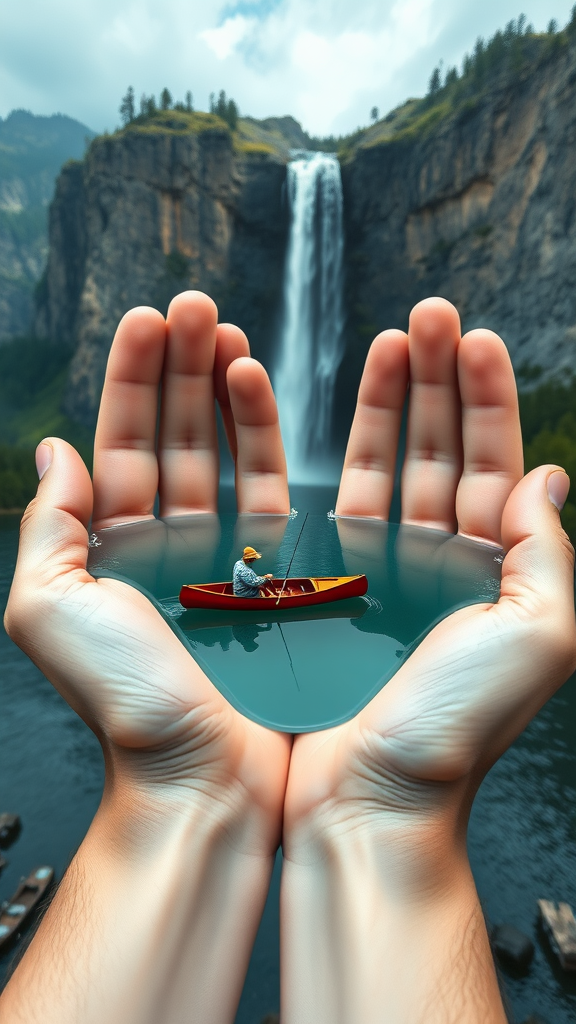 create a 16k resolution, highly detailed and realistic image showing a pair of human hands gently holding a miniaturized lake. On the lake surface, there is a canoe with a fisherman, casting his line leisurely. Above the hands, there is a cliff, and from this majestic height, a roaring waterfall cascades down, seemingly feeding into the lake held within the palms. The entire scene should give off a surreal, magical vibe, creating an illusion that a piece of a beautiful, serene landscape is cradled in human hands

, phenomenal aesthetic, Amazing photos, photorealistic, realistic, hyper realistic, very complex, detailed and rich, highly detailed, cinematic, cinematic lighting, cinematic angle, masterpiece, breathtaking, detailed photo, wide angle shot, ultra-high resolutions, 32k uhd, high quality, best quality, dslr, film grain, Fujifilm XT3