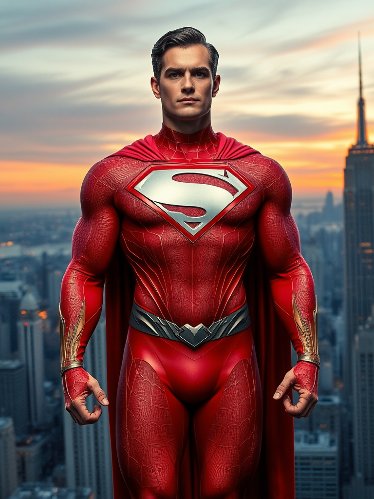 Generate a full-length image of Superman with the body traits of Silk from Marvel Comics, retaining his original head and face. Emphasize a lean, agile torso with enhanced flexibility and web-like patterns subtly integrated into his classic costume. Incorporate Silk's hood and web-shooters as embellishments. Set the background in a hybrid Metropolis and New York City skyline at dusk, with both iconic buildings and web-like structures.