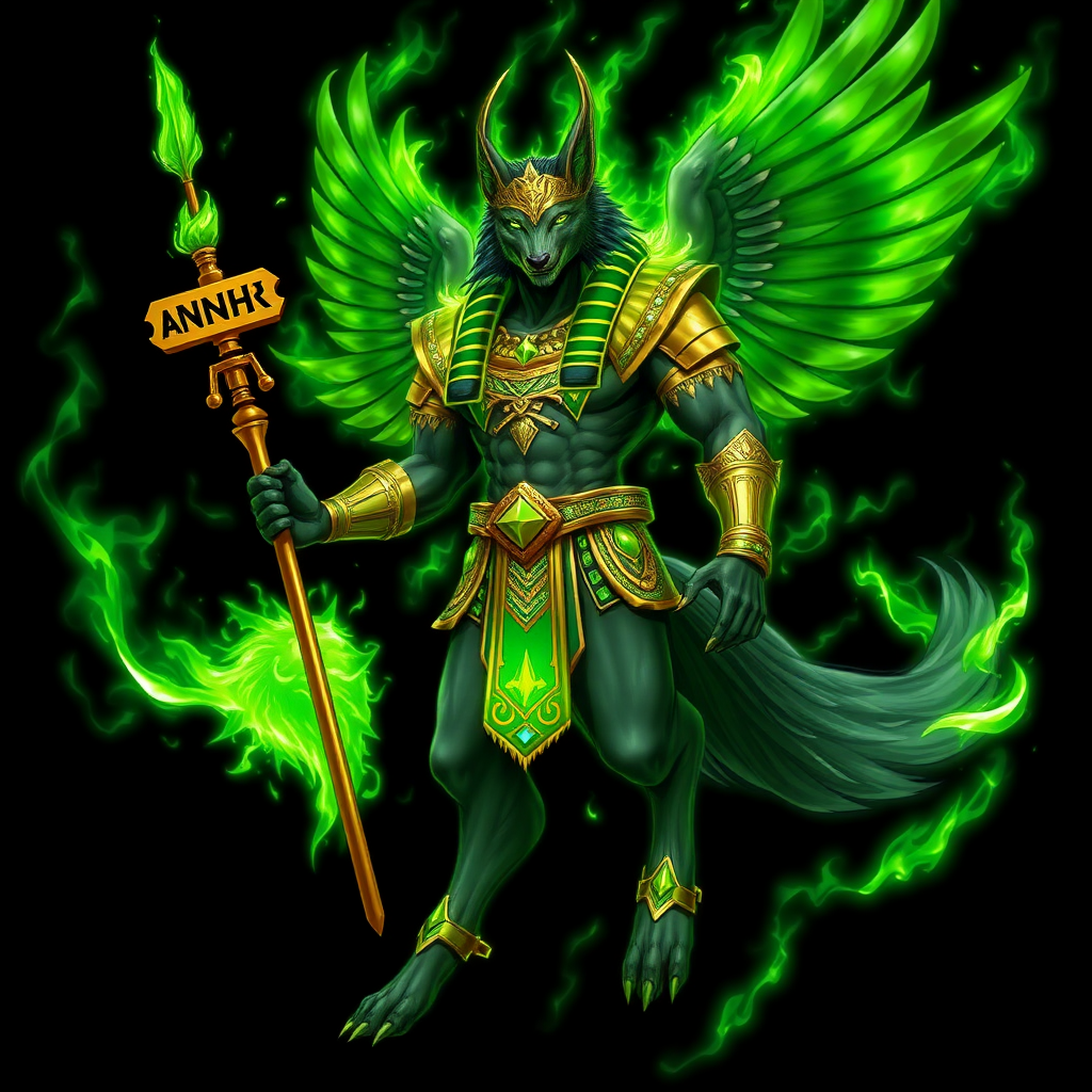 (Anime-styled art) Black background, An imposing, supreme wolf/dobermen humanoid with green-flames stands tall with a green aura, floating mid air, clad in intricate golden-green Egyptian armor with 2 Egyptian wings. He is Anubis, exuding an aura of power and command. In his left hand, he grips a golden, feathered wand spear adorned with ancient Egyptian symbols unique point ANKH, while vibrant green flames swirl around him, crackling with magic. His piercing eyes blaze with the same green fire, casting an intense glow. The full-body view reveals every detail of his regal from legs, godlike presence, surrounded by a supernatural energy that radiates from his form.