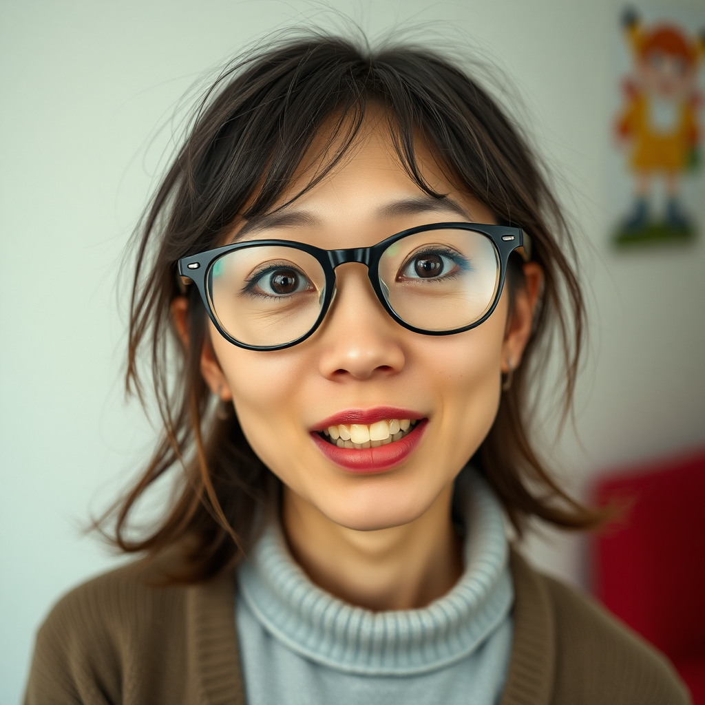 real photo, japanese nerdy skinny adult woman with big nose, big mouth, big yellowish teeth, moles, big eyeglasses and medium hair, serious expression