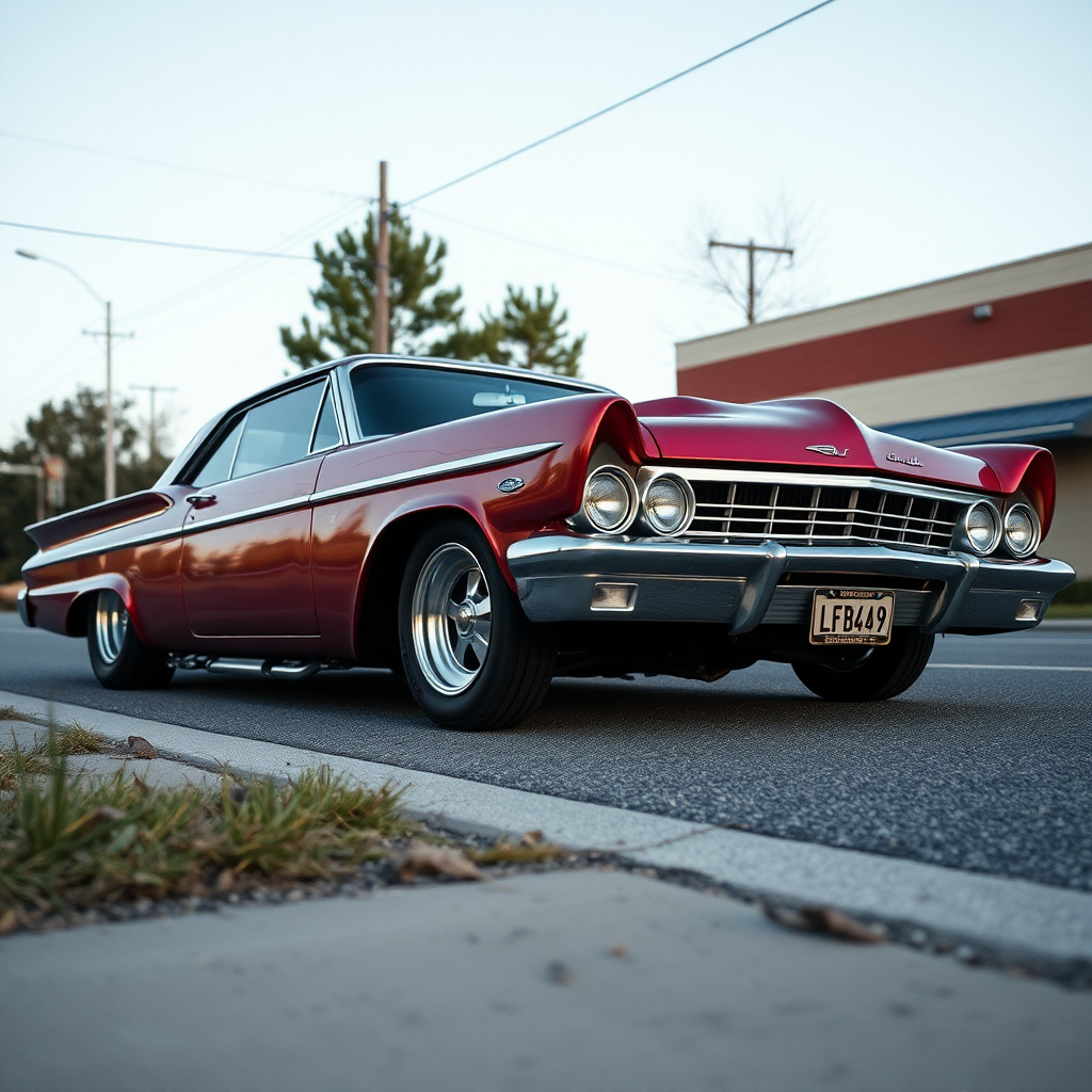 The drag car is parked on the side of the road, inspired by Taiyō Matsumoto, tumblr, restomod, nd4, c4 metallic shine classic american low rider custom paint ford