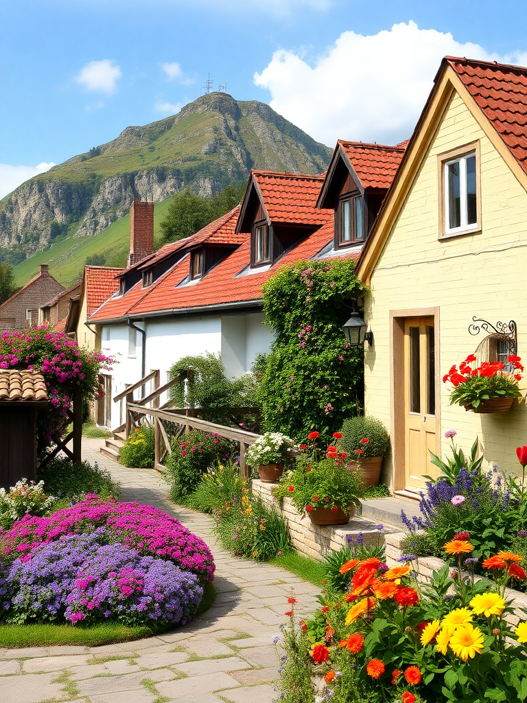 A picturesque small town with vibrant flowers and a cozy home