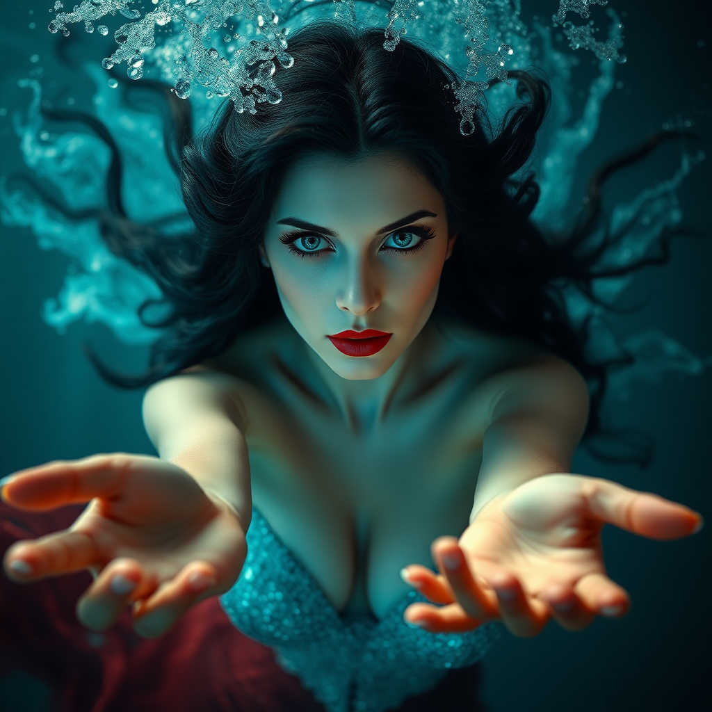 Vampirella as a mermaid underwater hair floating in a nimbus around her beautiful face her arms outstretched towards the viewer and she's looking down into the viewer's eyes making intense eye contact. diaphanous. Real DSLR HD Photography.