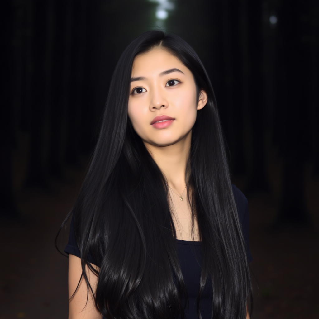 A young Asian woman with long, jet-black hair stands in a dark German forest.